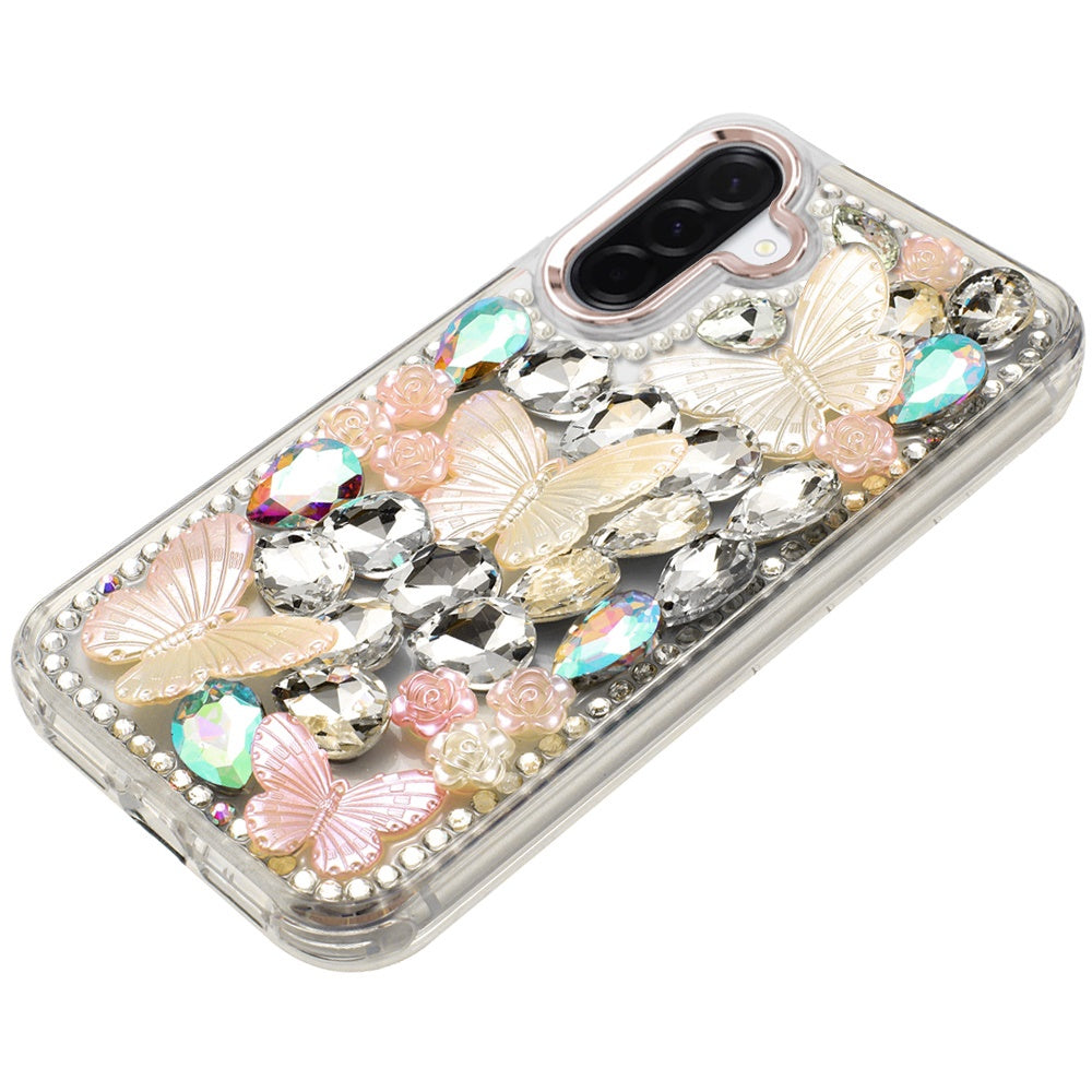 For Samsung Galaxy S25 Fan Edition /Galaxy S25 FE 3D Diamond Floral Butterfly Bling Stone Hybrid, Sparkly Rhinestone Gemstone Back Shockproof Case Cover