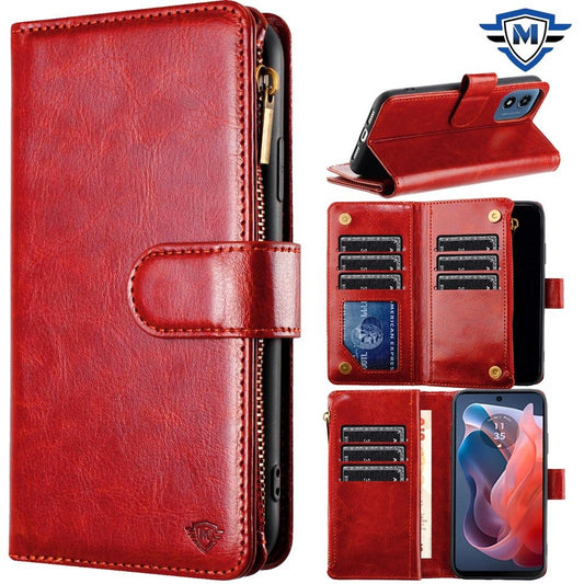 For Apple iPhone 16 (6.1") Premium Leather Zipper Wallet with Credit Card Slots Money Pocket Luxury Clutch Pouch Stand & Strap Case Cover Red