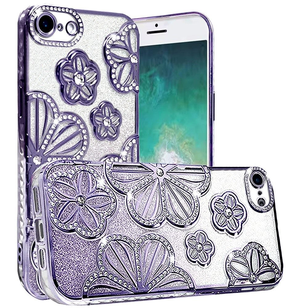 For Samsung Galaxy A16 Luxury Flower Design Sparkle Glitter Diamond Rhinestone Shimmer Bling Plating Thick TPU Hard PC Case Cover Flower Purple