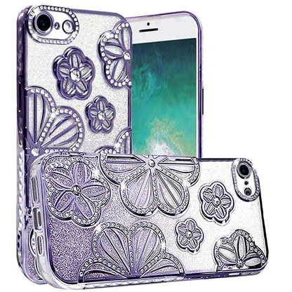For Samsung Galaxy A16 Luxury Flower Design Sparkle Glitter Diamond Rhinestone Shimmer Bling Plating Thick TPU Hard PC Case Cover Flower Purple