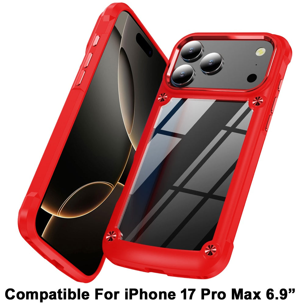 For Apple iPhone 17 Pro Max Hybrid Transparent Rubber with Metal Buttons & Camera Edges Hard TPU Corner Frame Bumper Case Cover