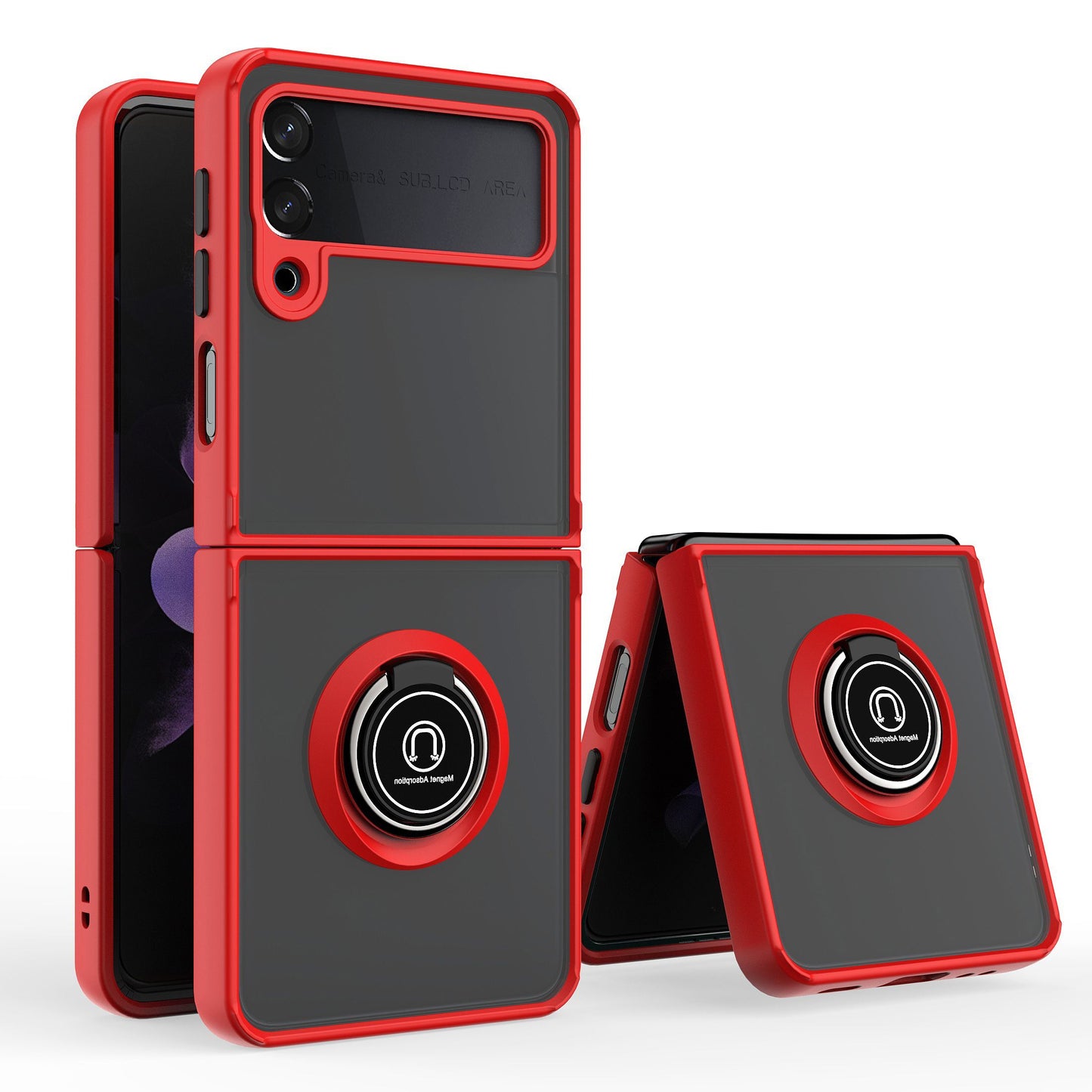 For Samsung Galaxy Z Flip 7 FE Semi Transparent Matte Hybrid Protective PC & TPU Shockproof with 360° Rotation Ring Stand Case Cover Red