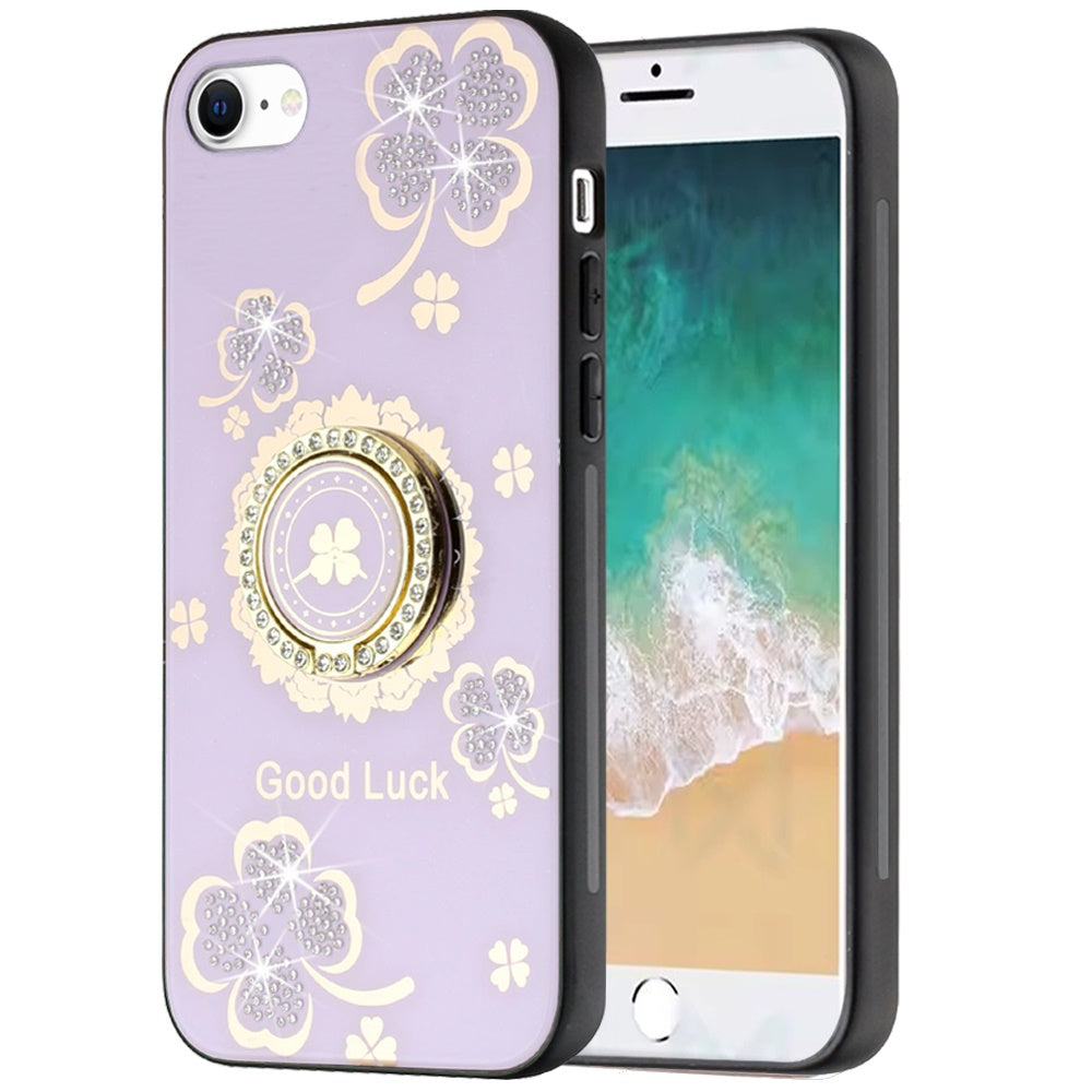 For Apple iPhone SE 4 Diamonds 3D Fashion Floral Bling Sparkly Glitter Ornaments Engraving Hybrid with Ring Stand Case Cover Purple Good Luck Floral