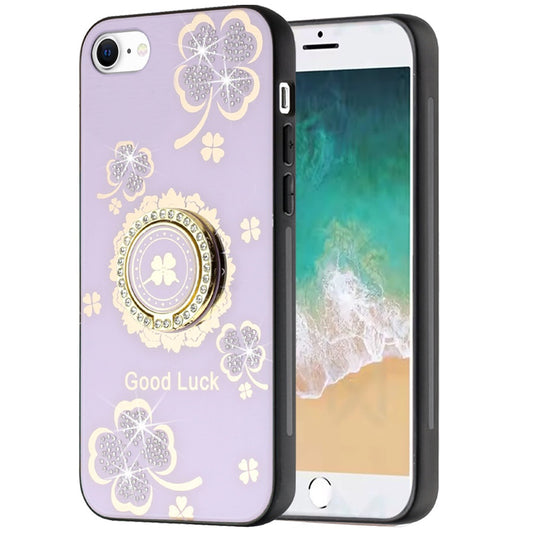 For Apple iPhone SE 4 Diamonds 3D Fashion Floral Bling Sparkly Glitter Ornaments Engraving Hybrid with Ring Stand Case Cover Purple Good Luck Floral