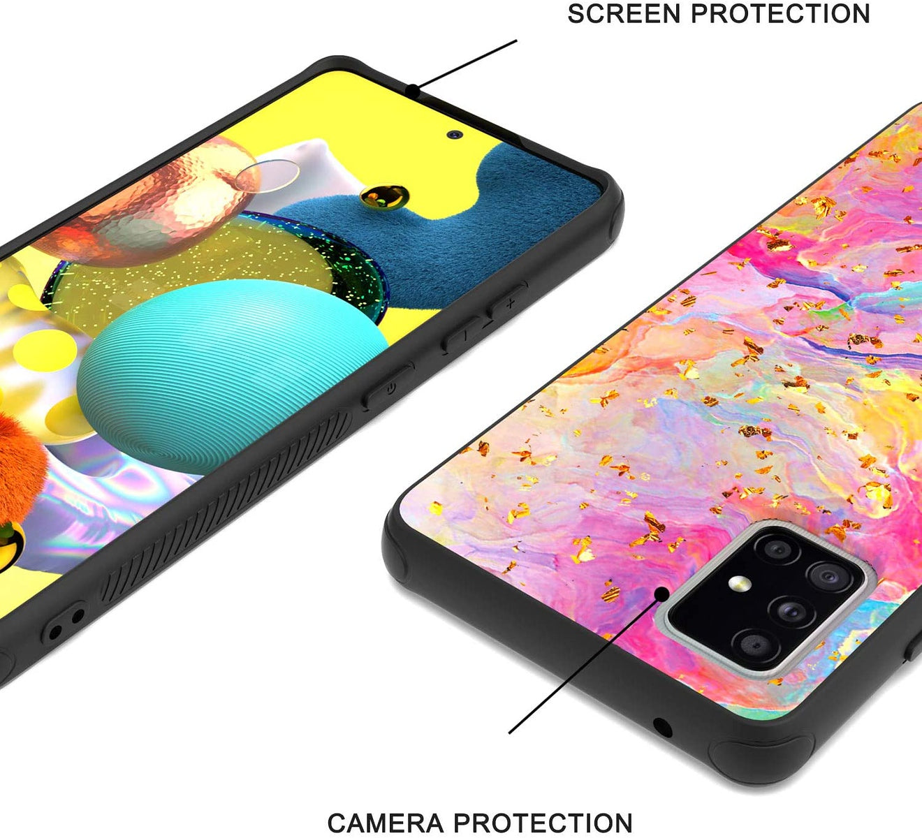 For Apple iPhone 15 Pro Max (6.7") Marble Fashion Stylish Flake Glitter Bling Hybrid Glossy Rubber Hard PC Protection Marble Colorful Rainbow Phone Case Cover
