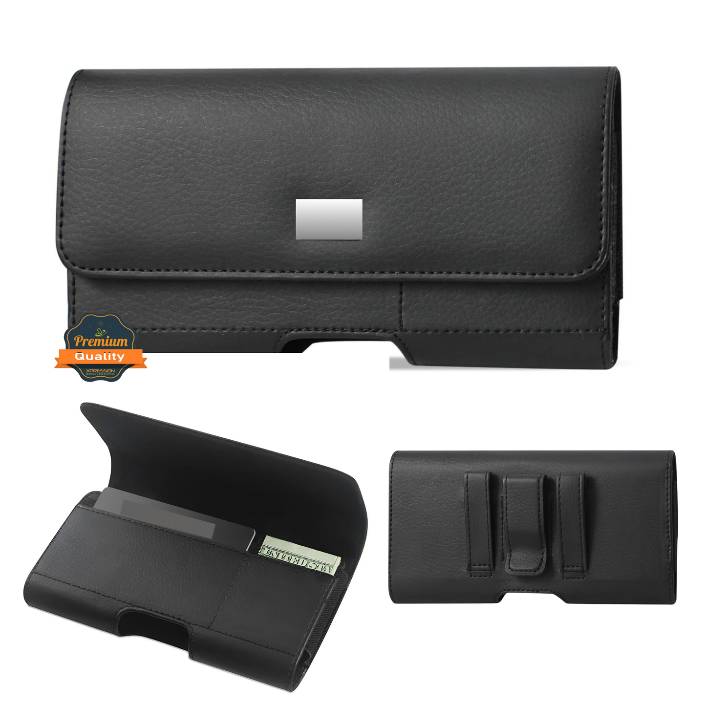 Universal Magnetic Leather Phone Pouch Case with Belt Clip, Card Slot Holder, Secure Magnetic Closure, Soft Lining Protection, Fits Most 5.2" - 5.5" Smartphones Case Cover Black