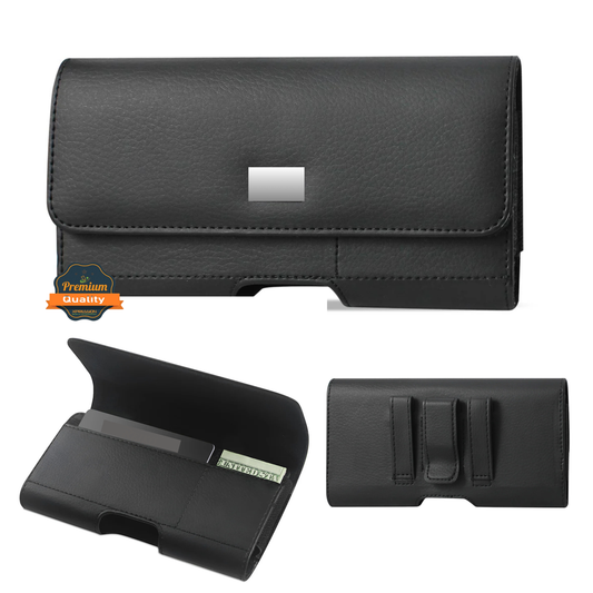 Universal Magnetic Leather Phone Pouch Case with Belt Clip, Card Slot Holder, Secure Magnetic Closure, Soft Lining Protection, Fits Most 5.7" - 6.3" Smartphones Case Cover Black