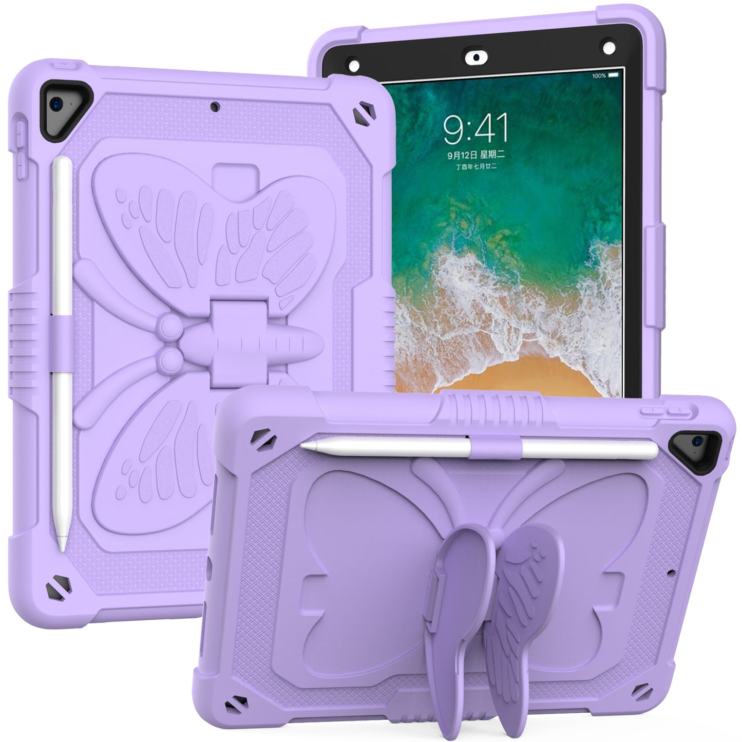 For Butterfly Wings Kickstand 3in1 Tough Hybrid with Pencil Holder Heavy Duty Rugged Shockproof Full Protective Purple Tablet Case Cover