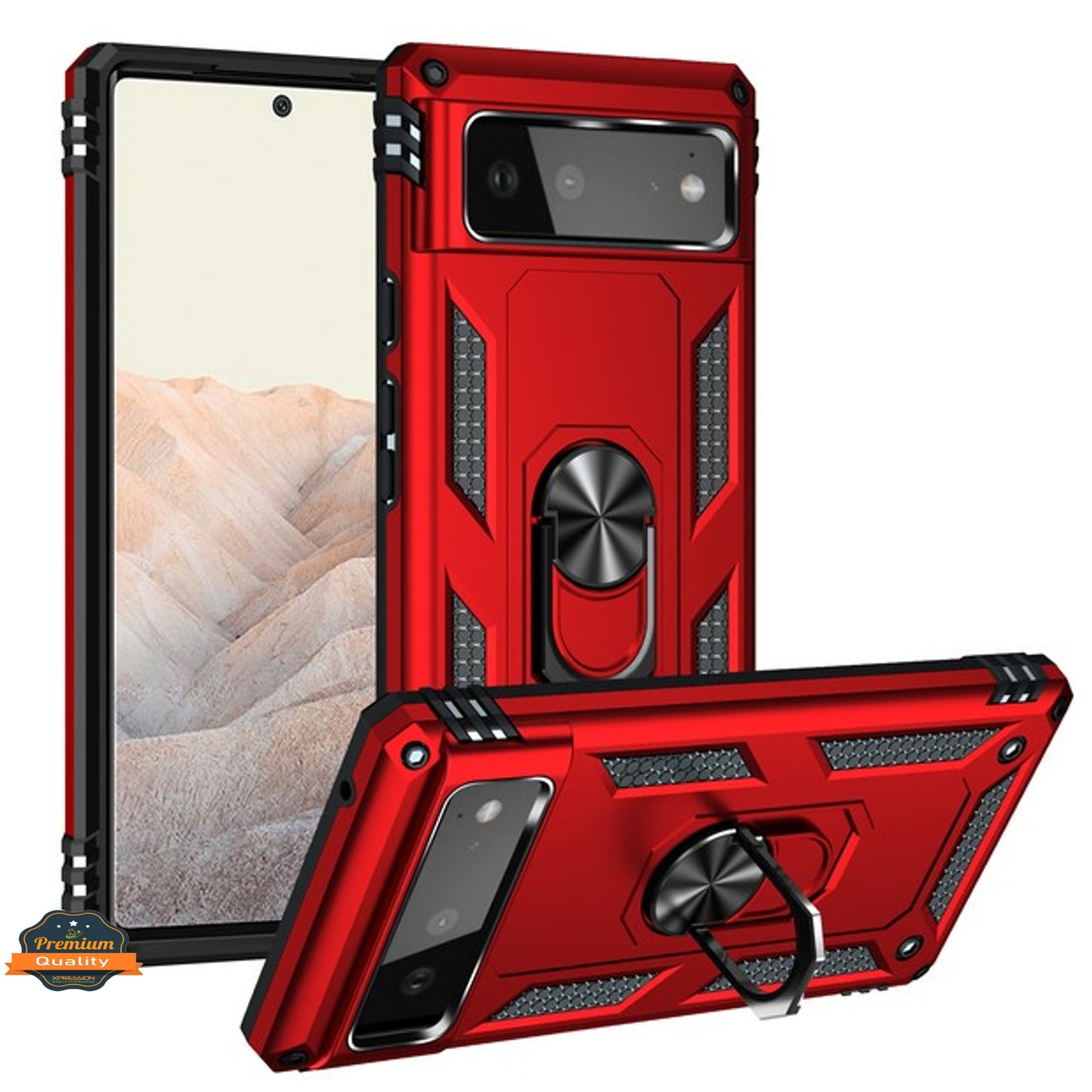 For Google Pixel 6A Shockproof Hybrid Dual Layer PC + TPU with Ring Stand Metal Kickstand Heavy Duty Armor Shell Case Cover