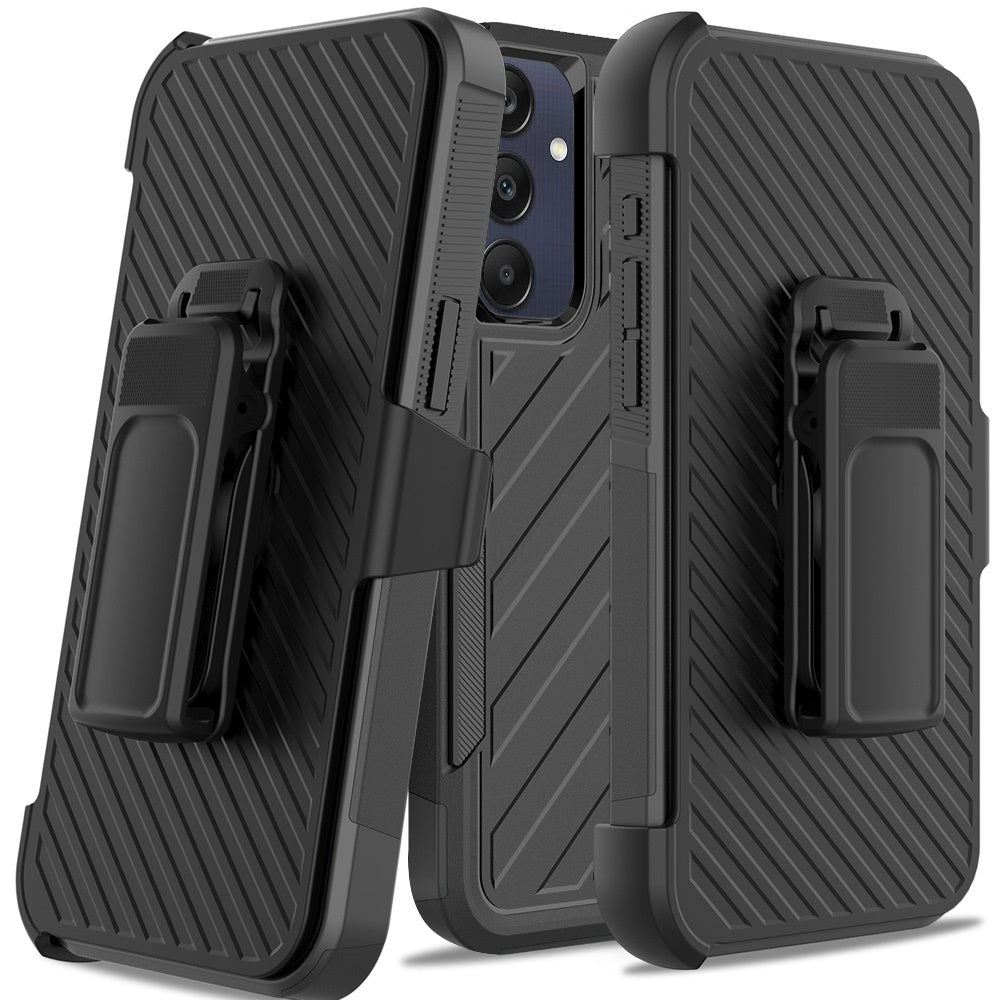For Apple iPhone 16 Pro (6.3") Combo Hybrid lined with Belt Clip Holster Armor Shockproof Rugged Textured 2in1 Non Slip Tough Case Cover Black / Black