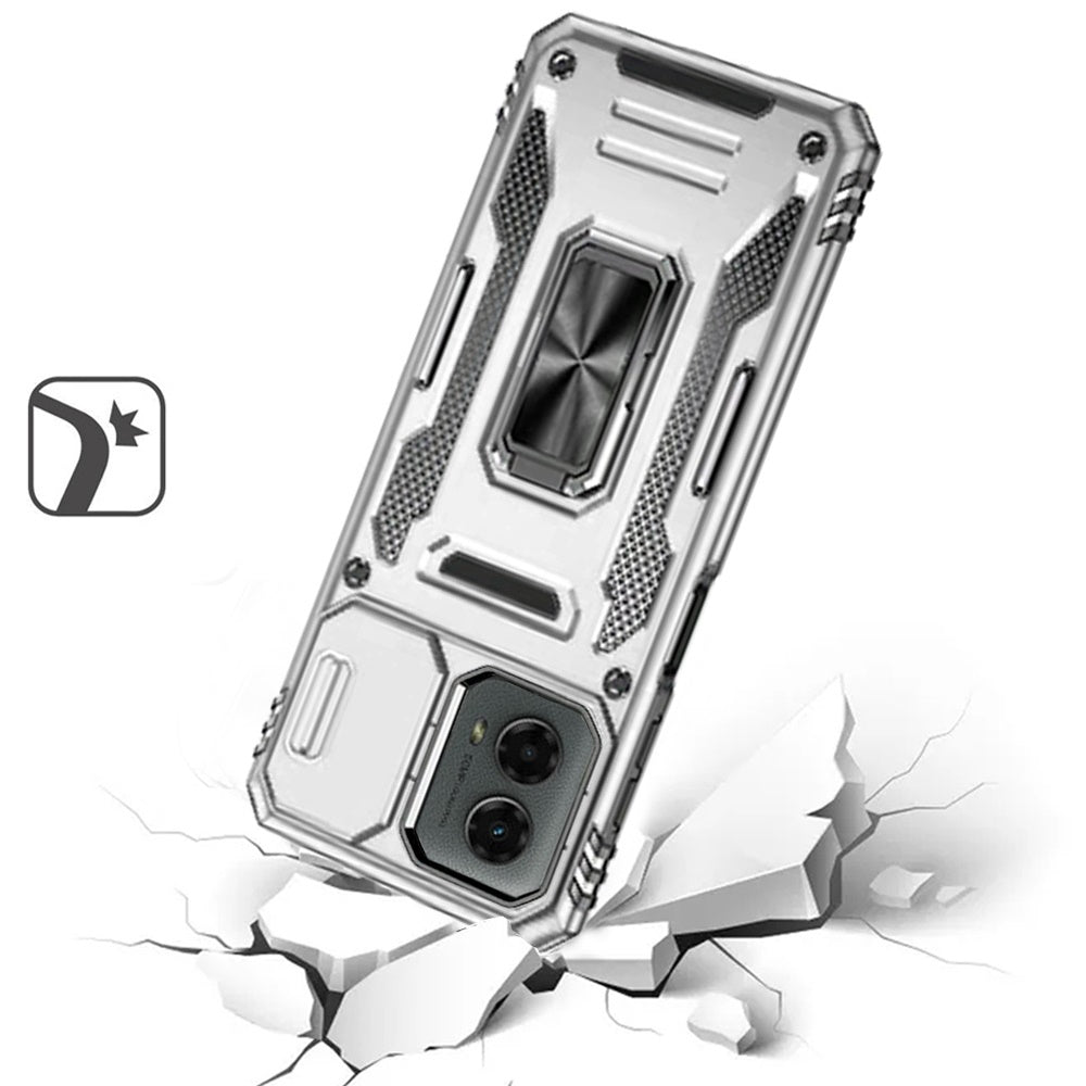 For Apple iPhone 16e Tough Hybrid Case with Movable Camera Window & Metal Ring Stand Shockproof Case Cover Silver
