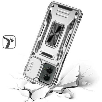 For Apple iPhone 16e Tough Hybrid Case with Movable Camera Window & Metal Ring Stand Shockproof Case Cover Silver