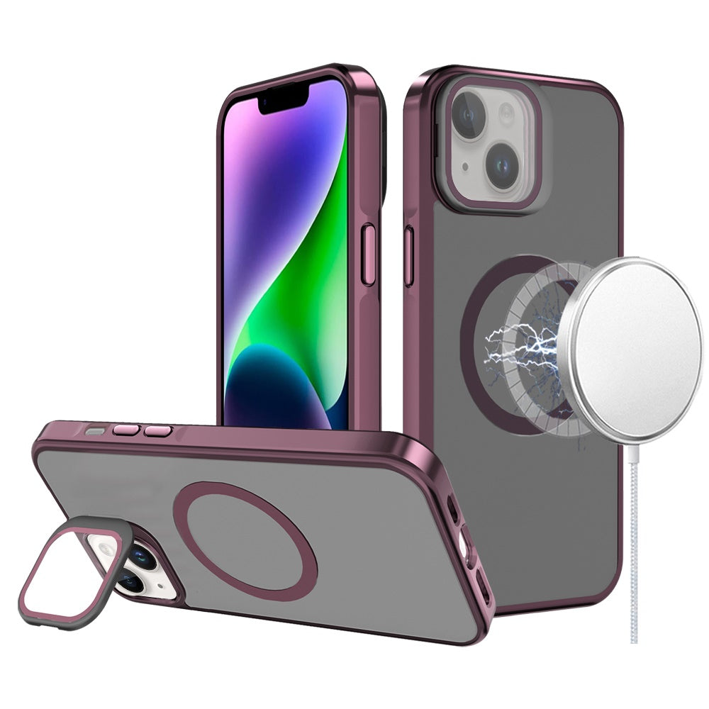 For Apple iPhone 15 Tough HQ Hybrid Case with Aluminum Frame Camera Stand, Compatible with MagSafe, Translucent Matte Shockproof Case Cover