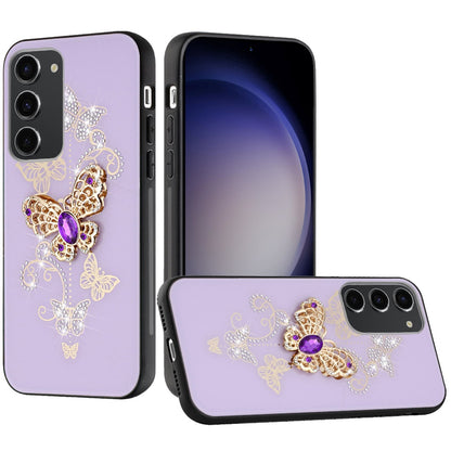 For Samsung Galaxy A06 Diamonds 3D Butterfly Bling Sparkly Glitter Ornaments Engraving Hybrid Metal Fashion Case Cover Purple Garden Butterflies