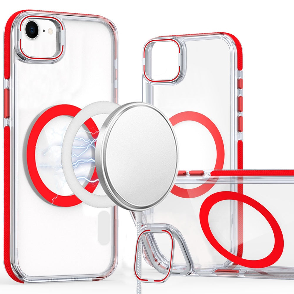 For Apple iPhone 16e Hybrid Clear Back Case with Invisible Camera Bracket Stand, MagSafe Magnetic Circle, Shockproof Color Frame Case Cover