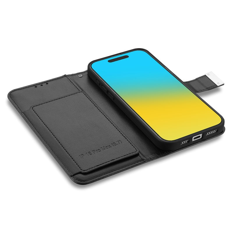 For Leather Wallet Folio Case with Credit Card Slots Pouch Cover for Apple iPhone 16 Pro Max - Black Case Cover Black