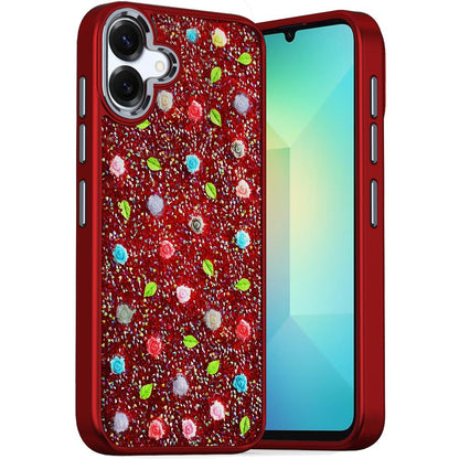 For Samsung Galaxy A06 Floral Design Embedded Glass Diamond Fancy Fashion Glitter Bling Sparkly Hybrid Rugged TPU Bumper Case Cover