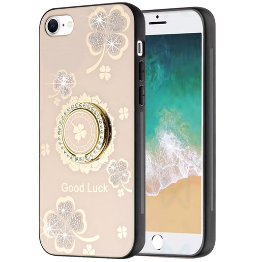 For Apple iPhone SE 4 Diamonds 3D Fashion Floral Bling Sparkly Glitter Ornaments Engraving Hybrid with Ring Stand Case Cover Gold Good Luck Floral