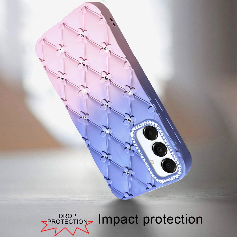 For Samsung Galaxy S25 /S24 Fashion Flower Design Sparkle Glitter Shimmer Rhinestone Bling Floral Accents, Leather Texture TPU Case Cover