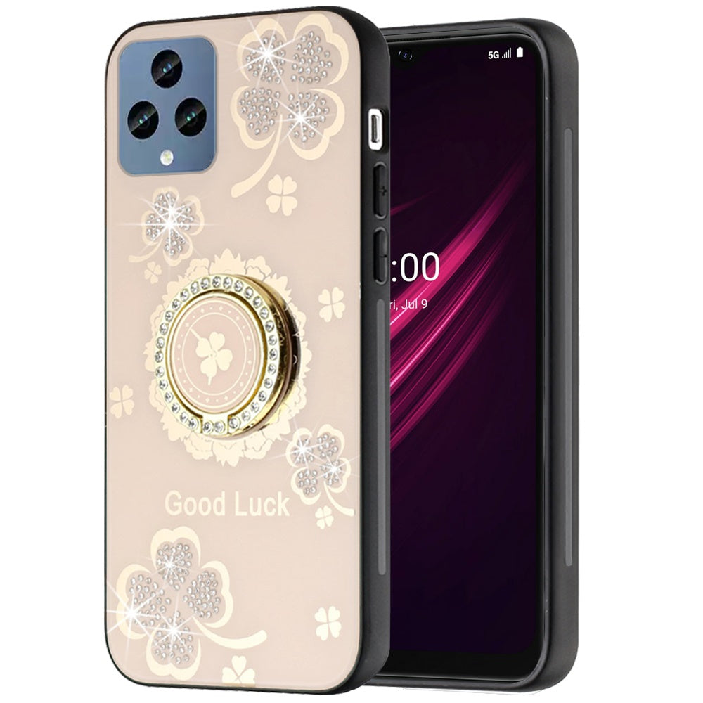 For Motorola Moto G 5G 2025 Diamonds 3D Fashion Floral Bling Sparkly Glitter Ornaments Engraving Hybrid with Ring Stand Case Cover Gold Good Luck Floral
