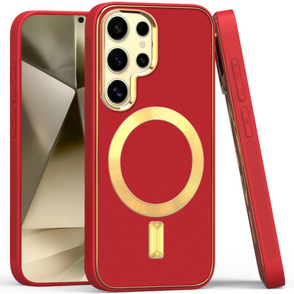 For Apple iPhone 16 Pro Max (6.9") PU Leather Magnetic Case Slim Protective Cover with MagSafe Compatibility Hard PC Gold Frame Protection Case Cover