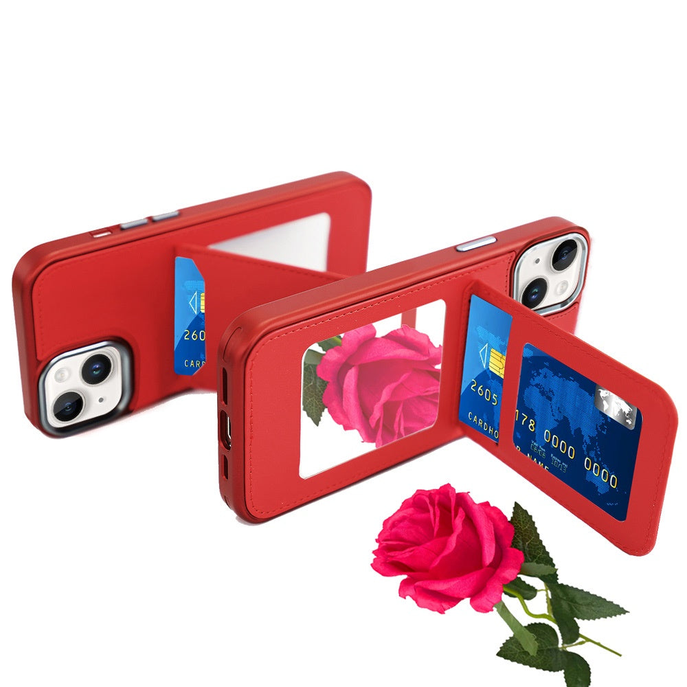 For Apple iPhone 16 Pro (6.3") PU Leather Wallet Cover with Credit Card Holder, Kickstand & Mirror Inside Slim Fit TPU & PC Hybrid Design Case Cover
