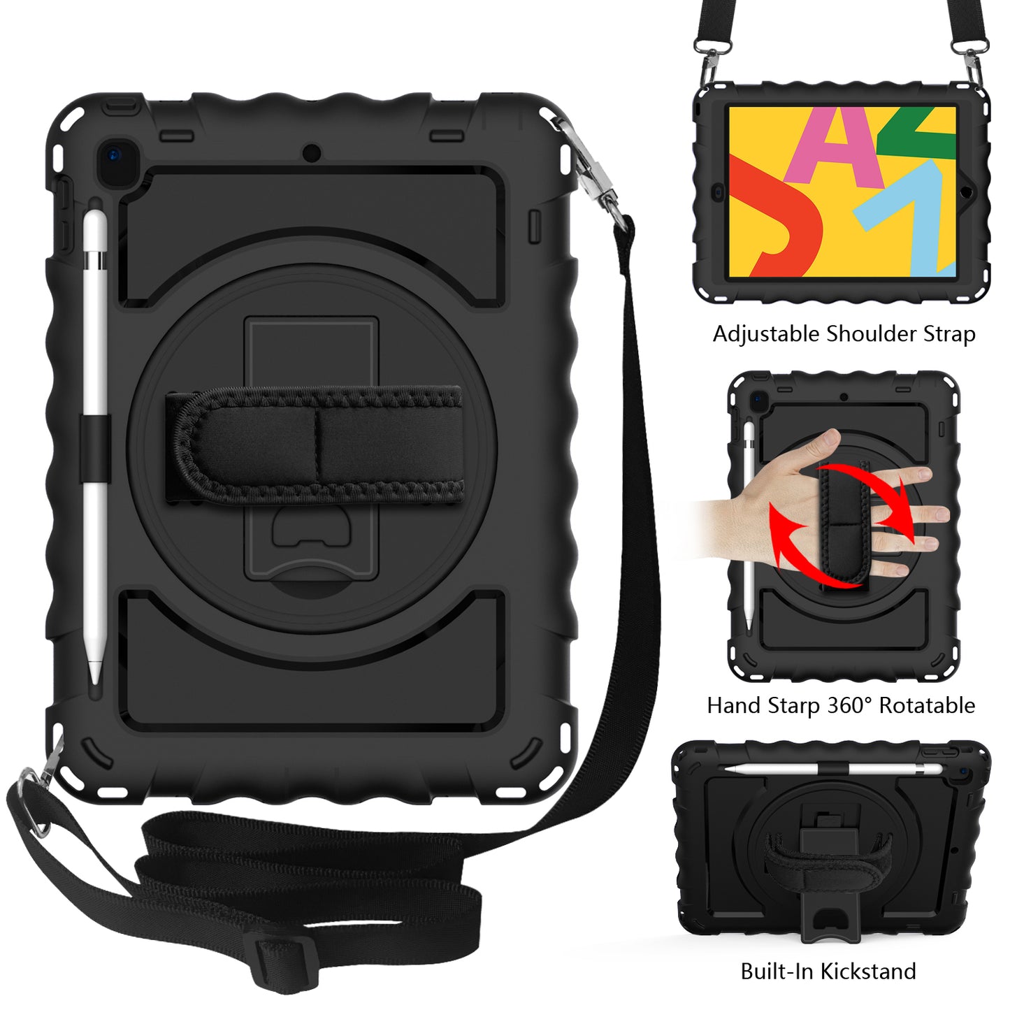 For Hybrid 3in1 Armor Rugged with Built-in Kickstand 360° Rotatable Stand & Shoulder Hand Strap Corner Shockproof Black Tablet Case Cover