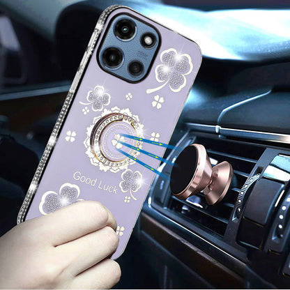 For Motorola Moto G Stylus 5G 2025 Diamonds Bling All Around Edges Sparkly Glitter Hybrid with Ring Stand Holder Fashion Good Luck Case Cover