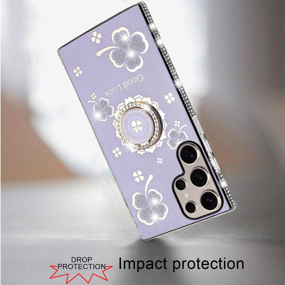 For Samsung Galaxy S25 Ultra Diamonds Bling All Around Edges Sparkly Glitter Hybrid with Ring Stand Holder Fashion Good Luck Case Cover