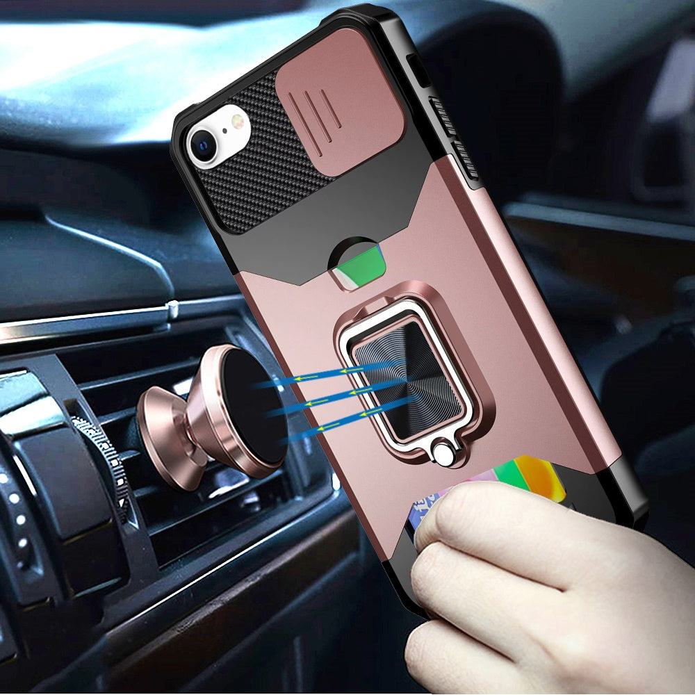For Apple iPhone 16e Wallet Case with Ring Stand & Slide Camera Cover Back Credit Card Slot Holder, Military Grade Case Cover Rose Gold