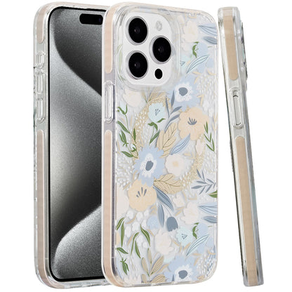 For Apple iPhone 16 Pro (6.3") Floral Pattern Design Cute Clear Hybrid Compatible with Magsafe Double Layer Soft TPU Hard PC Case Cover