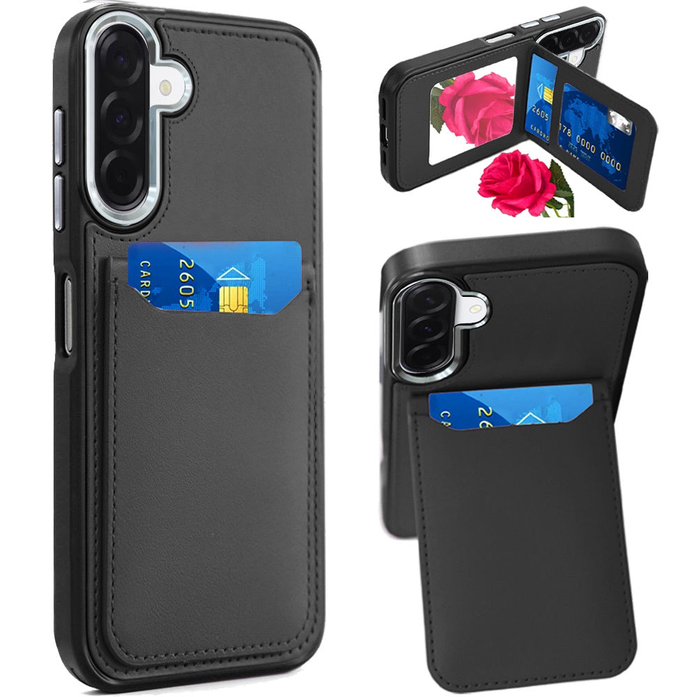 For Samsung Galaxy A17 5G PU Leather Wallet Cover with Credit Card Holder, Kickstand & Mirror Inside Slim Fit TPU & PC Hybrid Design Case Cover