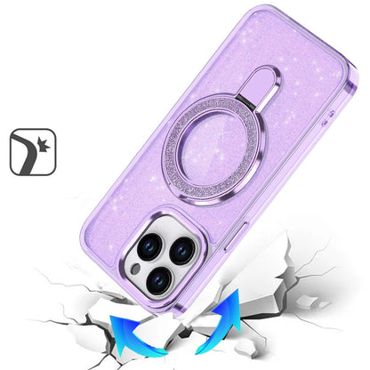 For Apple iPhone 13 Pro Max Transparent Glitter Bling Case with Rotating Magnetic Ring Stand, Shockproof Hybrid Case Cover