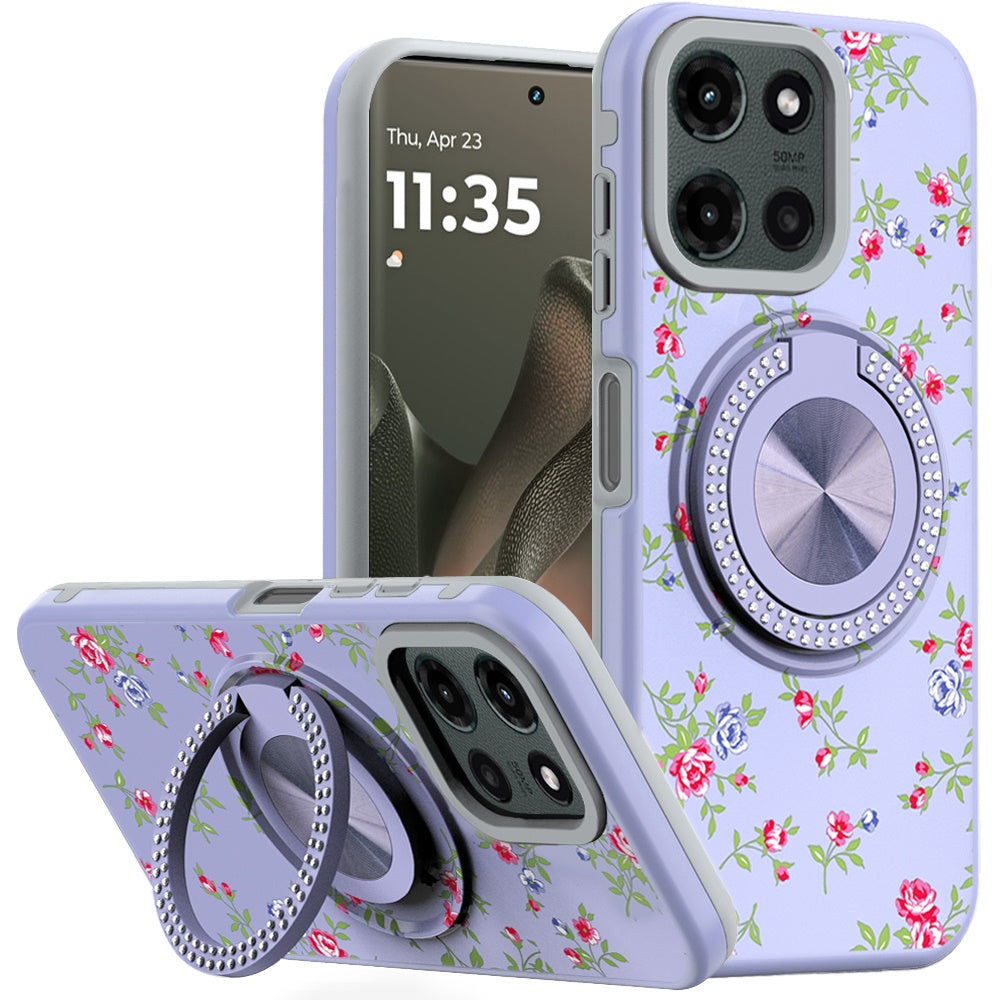 For Motorola Edge 2025 Pattern Design Hybrid with Invisible Ring Stand & Magnetic Back, Shockproof Protective Grip Case Cover