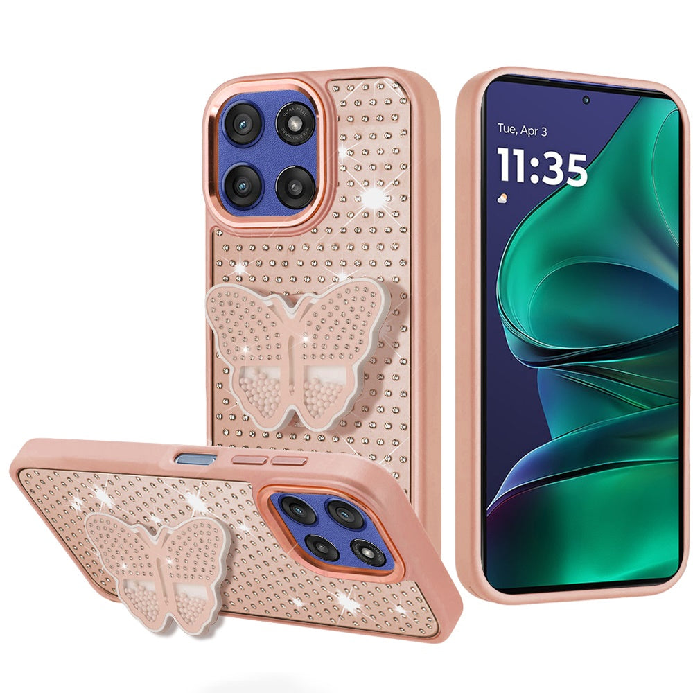 For Motorola Moto G Stylus 5G 2025 Butterfly Moveable Grip 3D Pop Stand Full Diamond Bling Sparkling TPU Fashion Hybrid Case Cover