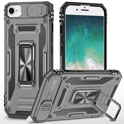 For Apple iPhone 16e Tough Hybrid Case with Movable Camera Window & Metal Ring Stand Shockproof Case Cover Gray
