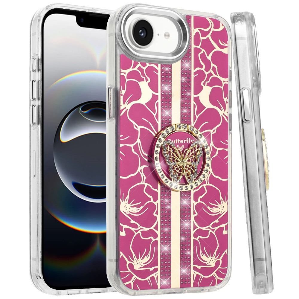 For Apple iPhone 16e Diamonds 3D Butterfly Floral Design Bling Sparkly Glitter Hybrid Metal Fashion with Ring Stand Case Cover
