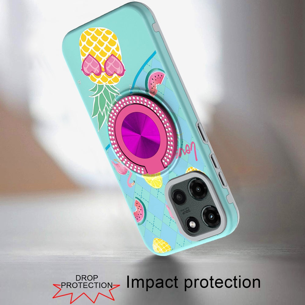 For Samsung Galaxy A16 Pattern Design Hybrid with Invisible Ring Stand & Magnetic Back, Shockproof Protective Grip Case Cover Pineapple Love Vibe