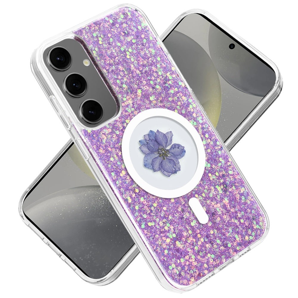 For Samsung Galaxy S25+ /S25 Plus /S24+ Plus MagSafe Compatible Glitter Flower Epoxy Hybrid Slim TPU Case, Magnetic Circle Design, Sparkly Bling Protective Case Cover