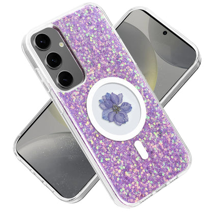 For Samsung Galaxy S25+ /S25 Plus /S24+ Plus MagSafe Compatible Glitter Flower Epoxy Hybrid Slim TPU Case, Magnetic Circle Design, Sparkly Bling Protective Case Cover