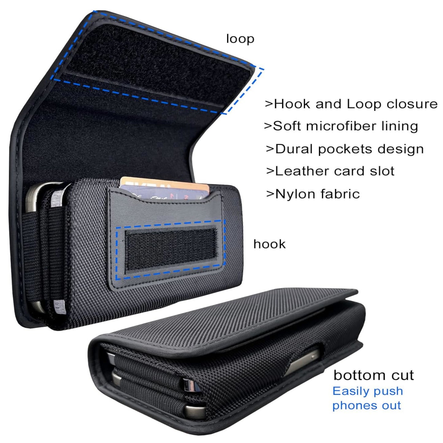 For Apple iPhone 16 Pro (6.3") Universal Dual Phone Holster Horizontal Pouch for 2 Phones, Double Decker Belt Clip Case with Credit Card Slots Wallet Cover [Black]