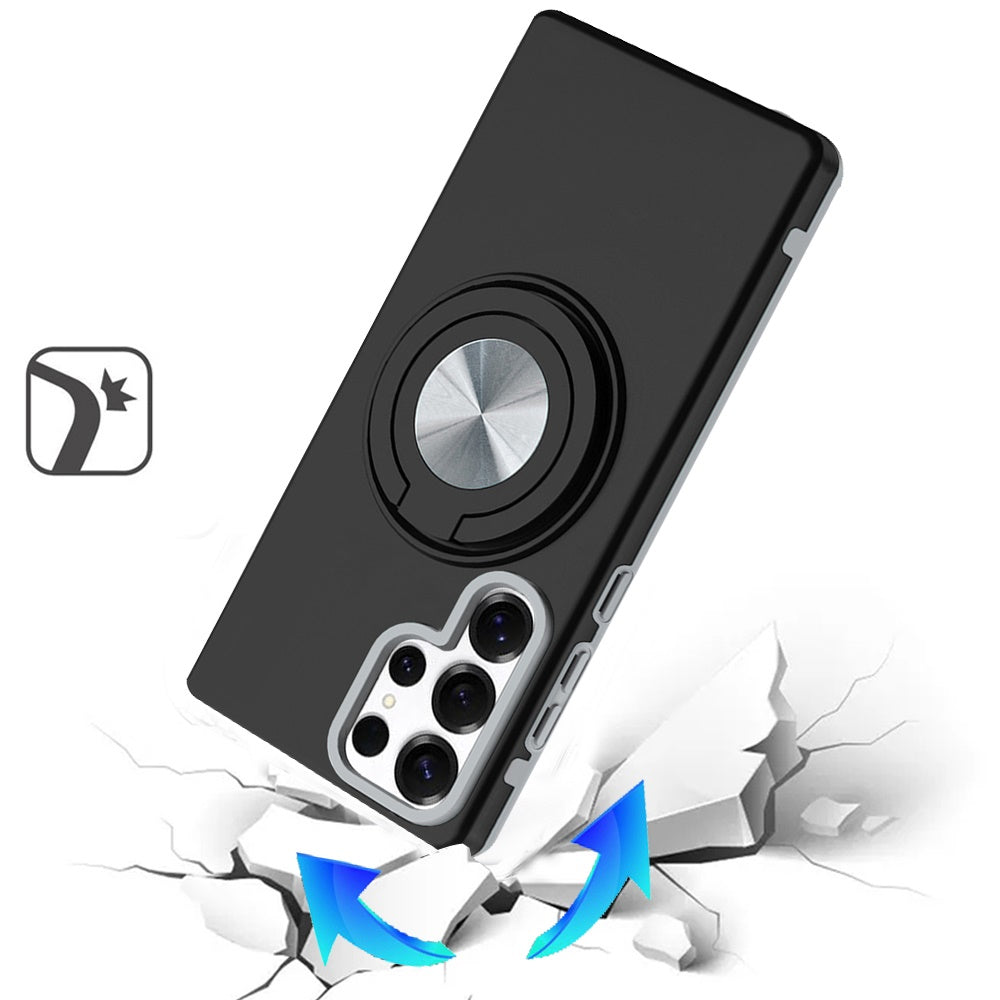 For Samsung Galaxy A17 5G Metal Matte Hybrid with Invisible Rotational Ring Stand, Car Mount Friendly, Military Grade Slim Fit Sturdy Case Cover Black