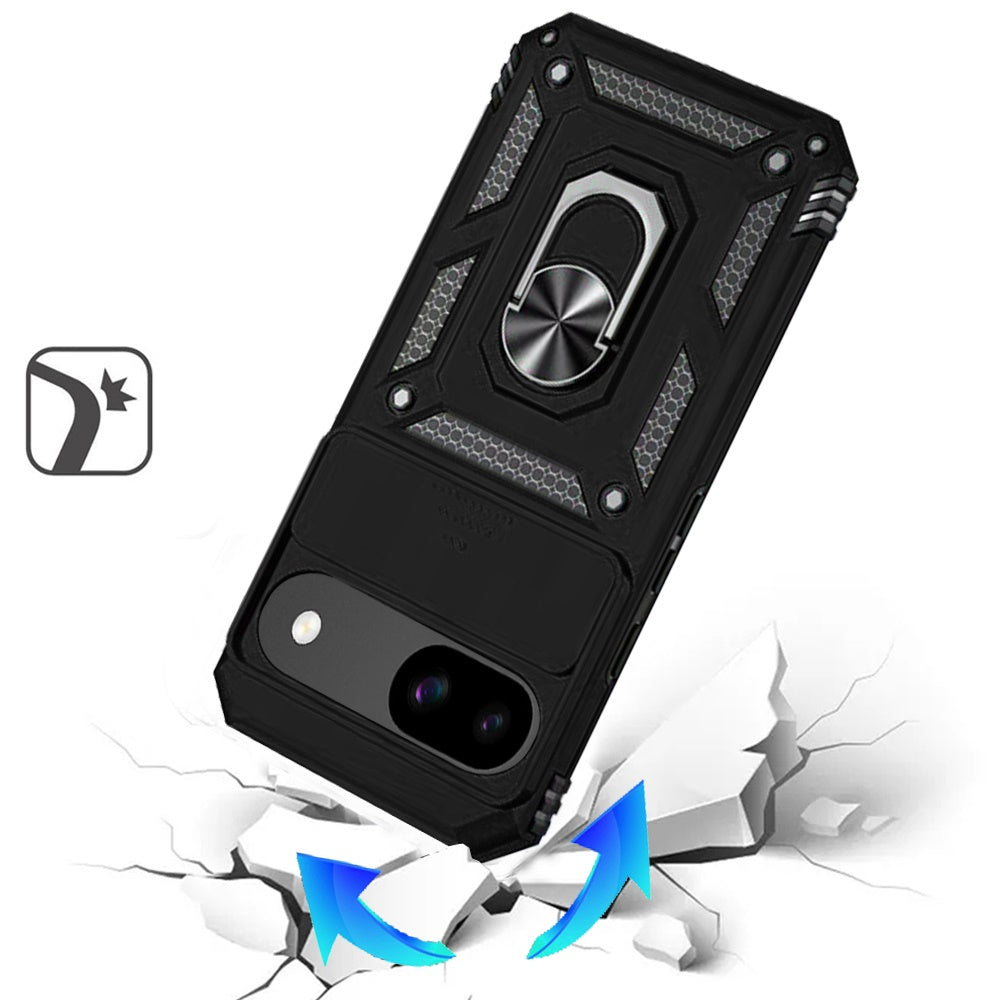 For Google Pixel 9A Hybrid Ring Shockproof with 360° Rotate Ring Kickstand, Camera Lens Protection, Soft Edge Bumper Case Cover