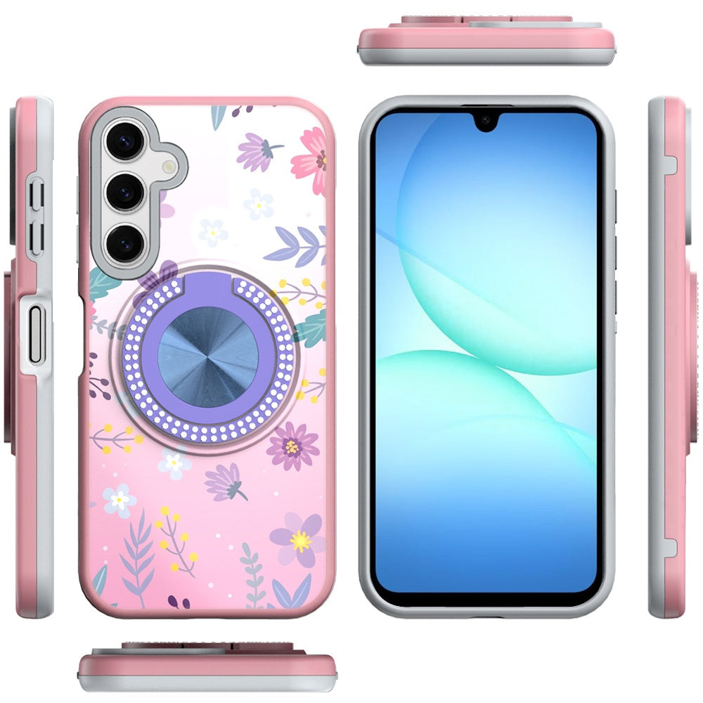 For Samsung Galaxy A17 5G Pattern Design Hybrid with Invisible Ring Stand & Magnetic Back, Shockproof Protective Grip Case Cover