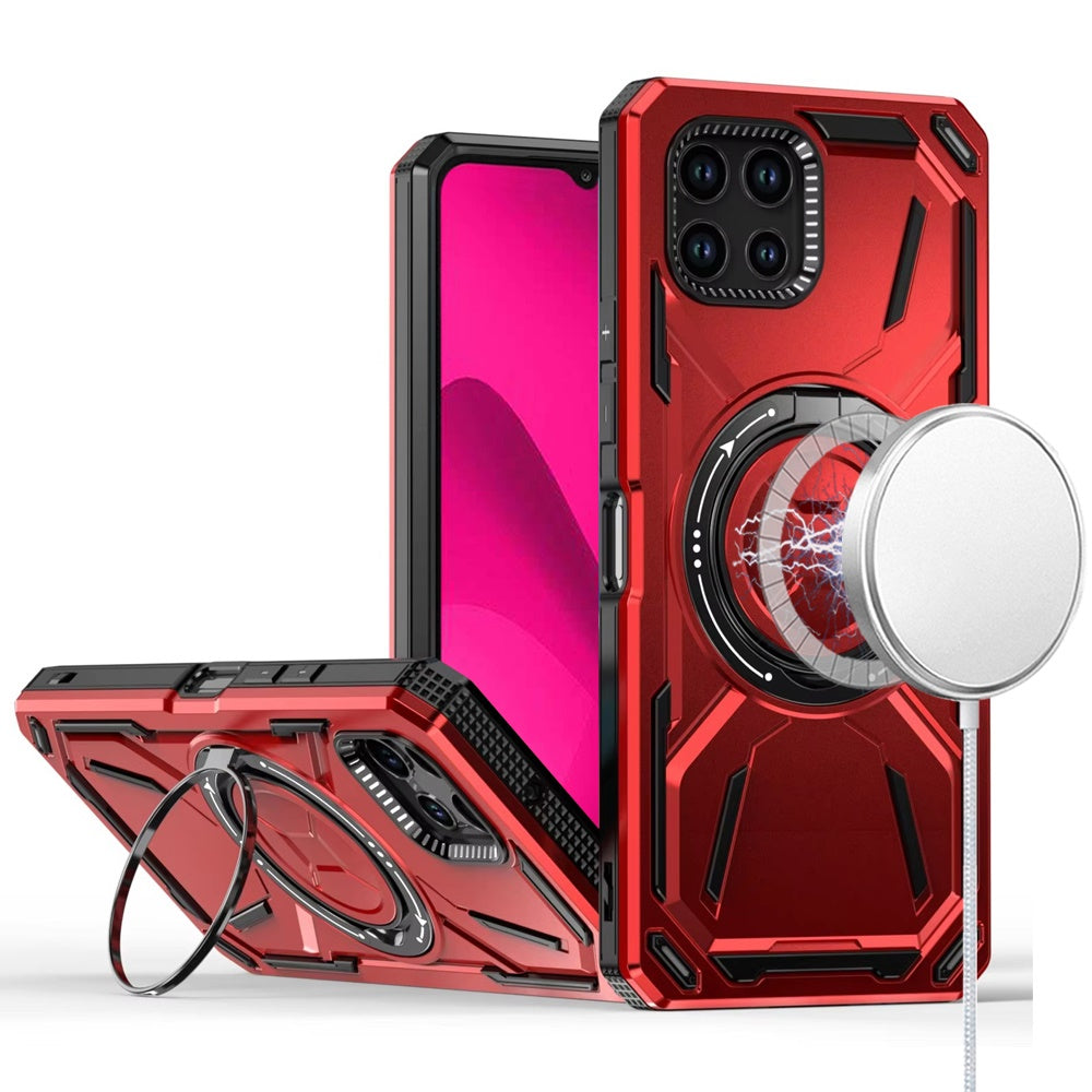 For T-Mobile Revvl 7 Pro 5G Hybrid Magnetic Ring and 360° Rotational Kickstand with MagSafe Compatible, Military Grade Drop Protection Case Cover Red