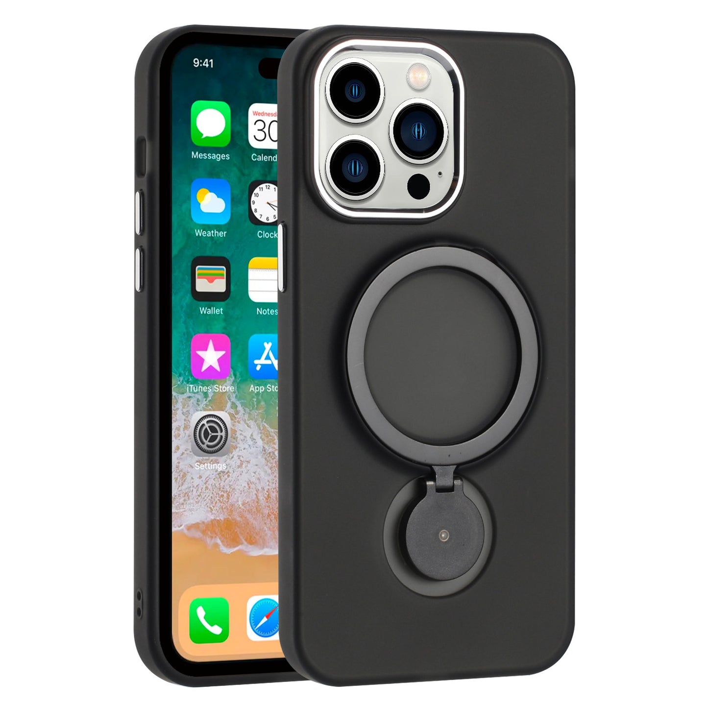 For Apple iPhone 16 Pro (6.3") MagSafe Compatible with 360 degree Circle Ring Stand Magnetic Kickstand Slim Hybrid Case Cover