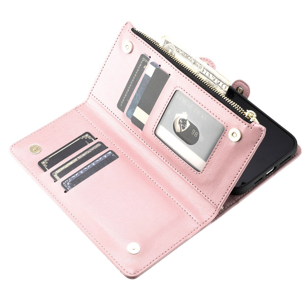 For Apple iPhone SE 4 Wallet Purse Stylish Design with Credit Card & ID Slots, Durable Zipper Storage, Adjustable Lanyard Case Cover Rose Gold