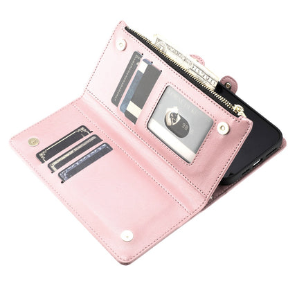 For Apple iPhone SE 4 Wallet Purse Stylish Design with Credit Card & ID Slots, Durable Zipper Storage, Adjustable Lanyard Case Cover Rose Gold