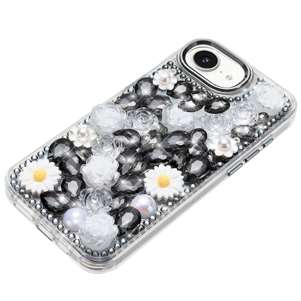 For Apple iPhone 16e Fashion Daisy Floral Series, Full 3D Bling Crystal Diamonds Sparkling Rhinestone Glitter Hybrid Design Case Cover
