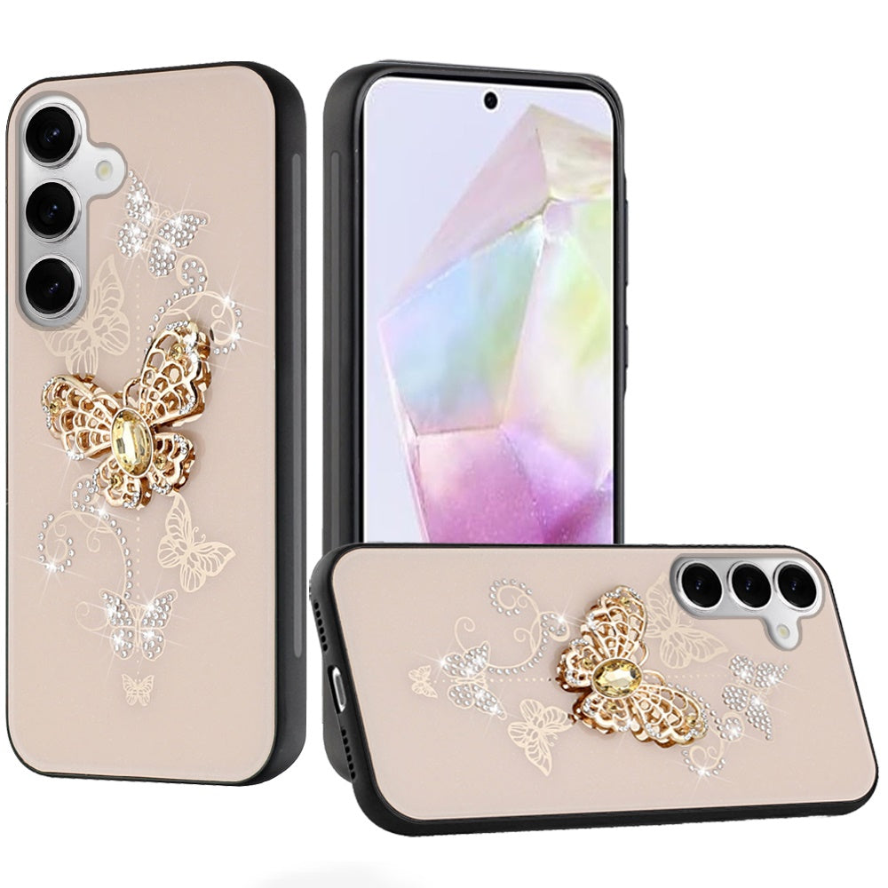 For Apple iPhone 16e Diamonds 3D Butterfly Bling Sparkly Glitter Ornaments Engraving Hybrid Metal Fashion Case Cover Gold Garden Butterflies